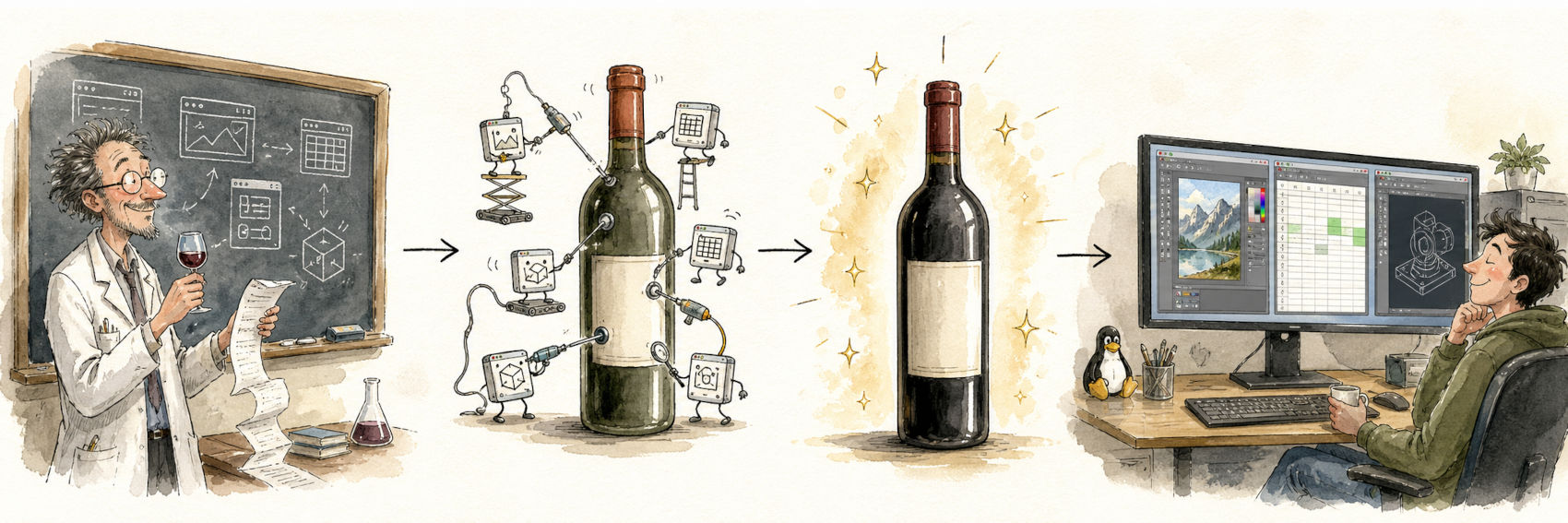 a quirky scientist character ("the Adversarial Drinker") at a chalkboard sketching tiny program icons labeled "test apps," an arrow flowing to a wine bottle being poked with the tests, an arrow to the bottle now glowing and improved, an arrow to a smiling Linux user successfully running Photoshop, Excel, and AutoCAD on a workstation.